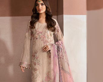 Light Pink Embroidered Chiffon Salwar Kameez: Pakistani Wedding Suit Eid