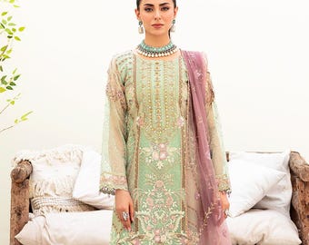Sea Green Embroidered Organza Salwar Kameez: Pakistani Wedding Outfit