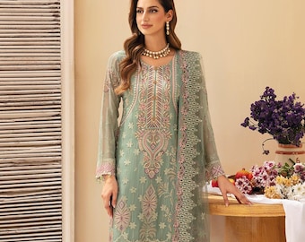 Embroidered Chiffon Salwar Kameez: Pakistani Indian Party Dress Eid