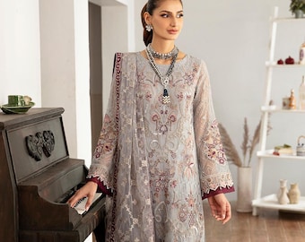 Grey Embroidered Chiffon Salwar Kameez: Pakistani Wedding Outfit
