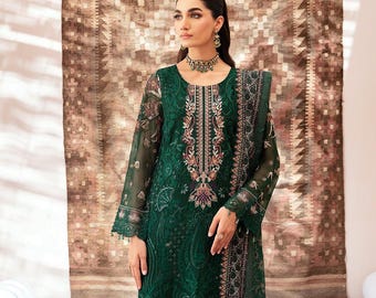 Green Chiffon Salwar Kameez: Embroidered Pakistani Wedding Outfit