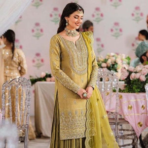Mehndi Color Sharara Pakistani Indian Dress Wedding Party Wear Bridal Dresses for Women Embroidered Clothes Punjabi Suit Lehenga Choli
