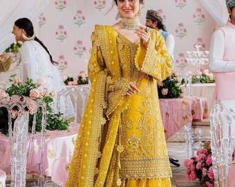Yellow Embroidered Sharara Suit: Mehndi Henna Bridal Dress Indian Wedding Dresses Party Wear Clothes