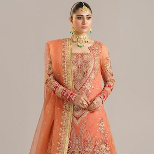Orange Lehenga Maxi Frock Wedding Engagement Dress Pakistani Indian Clothes Party Wear Outfit Embroidered Clothes Guest Punjabi Suit