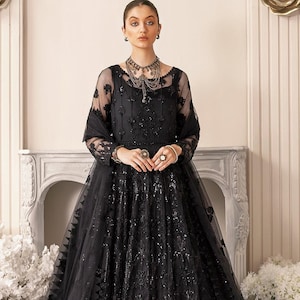 Black Maxi Frock Pakistani Indian Wedding Bridal Dress Party Wear Clothe for Women Outfit Net Embroidered Dress Made to Order UK, USA, CA