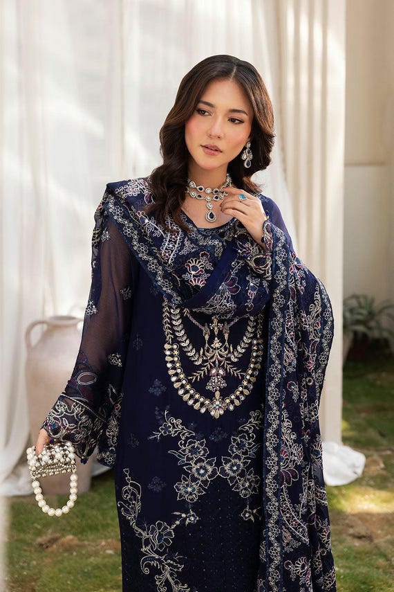 blue and gold asian dress Embroidered Chiffon Salwar Kameez: Indian Pakistani Wedding Outfit, Custom Stitching With Shawl Dresses Punjabi Suit USA CA x-mappingIndex:29346-70513