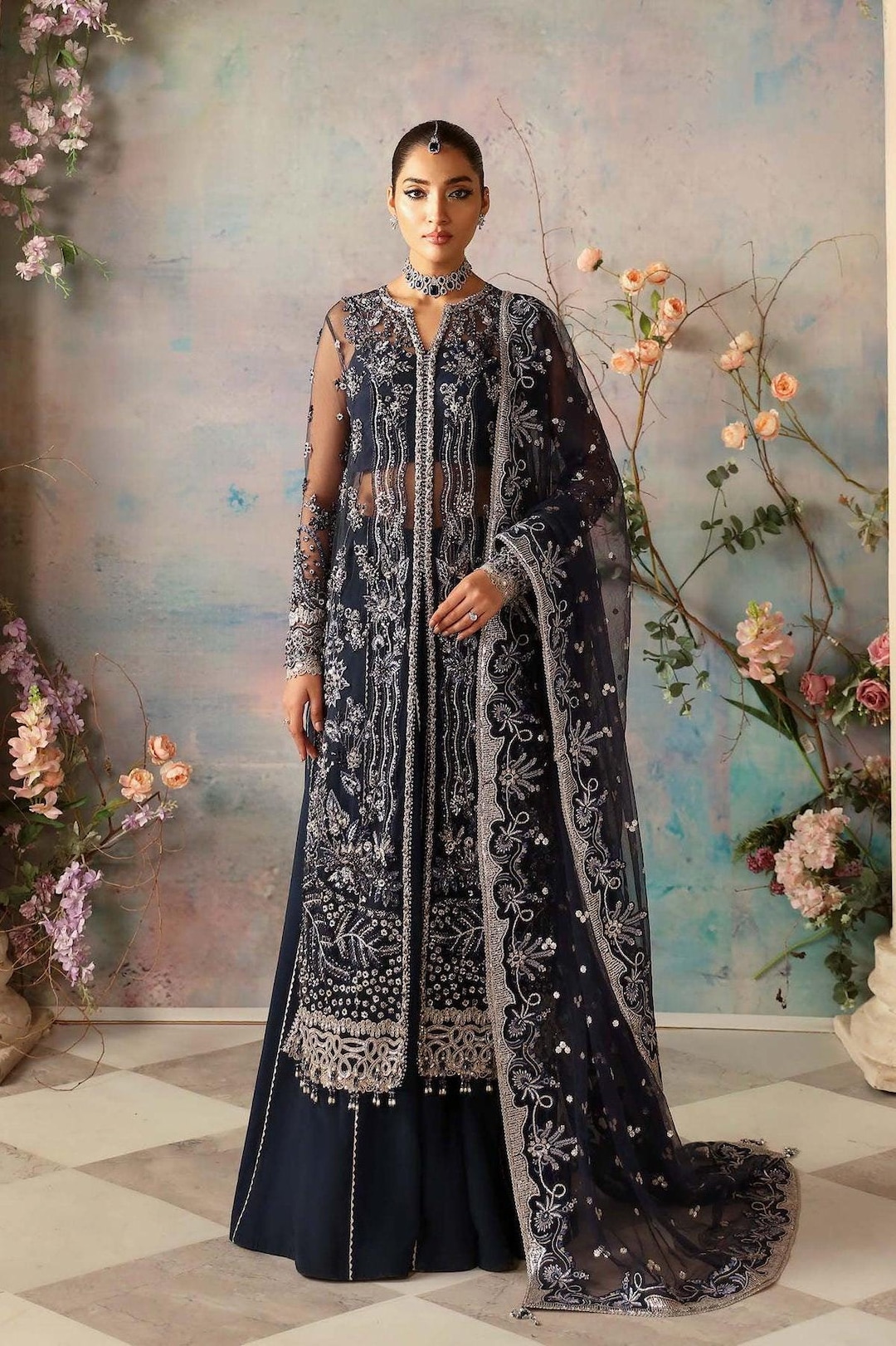 navy blue pakistani bridal dresses Navy Blue Sheesha Silk