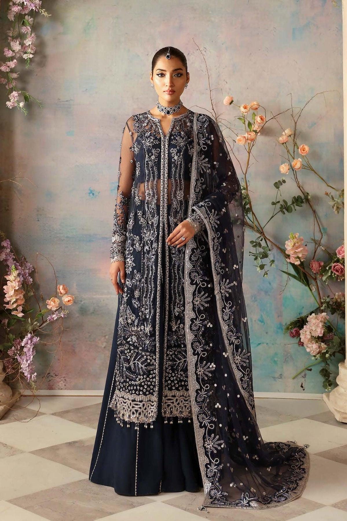 dark blue pakistani dresses Midnight Blue Silk Farshi Shalwar Pakistani Dress main image 1