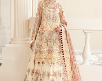 Witte Lehenga Pakistaanse Indiase bruiloft bruidsjurk feestkleding voor vrouwen outfit net en geborduurde jurk op bestelling gemaakt UK, USA, CA