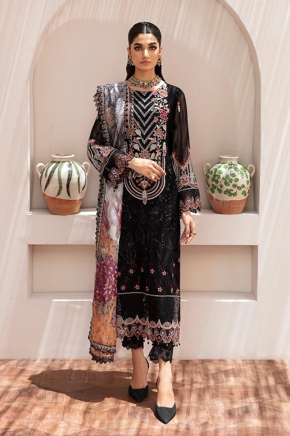 green emerald velvet dress Bina Black Chiffon heavy embroidered Maxi 3 piece ready to wear tradit –  PanjRang London main image 1