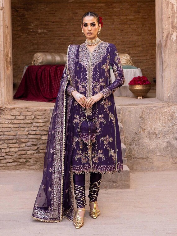 Purple Silk Embroidered Salwar Kameez: Pakistani Wedding Party Dress - Etsy  New Zealand