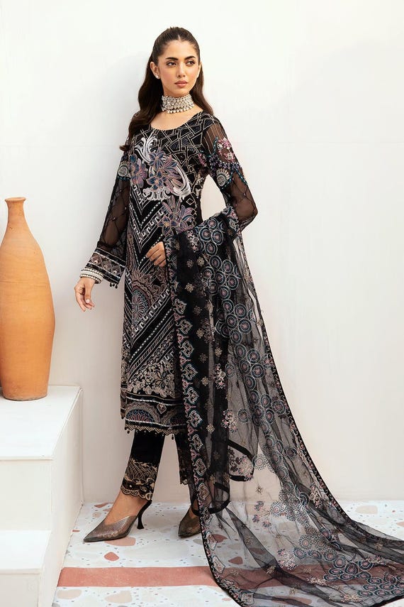 Preto Eid Salwar Kameez para mulheres indianas paquistanesas festa
