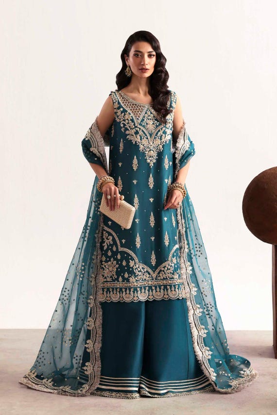 Designer Embroidered Sharara Suit: Mehndi Henna Bridal Dress Indian Wedding Dresses Party Wear Clothes Eid