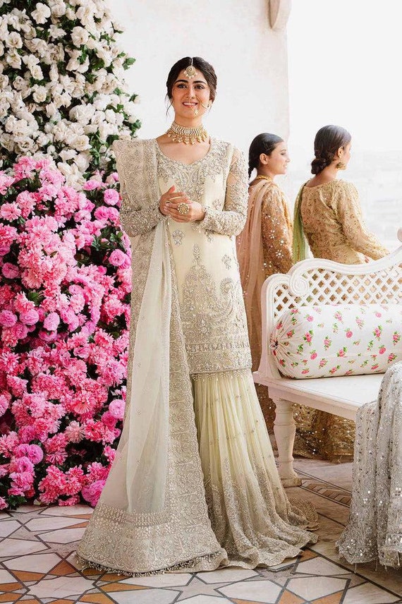 open lace back dress Rose Pink Party Wear Embroiddered Georgette Sharara Suit main image 0