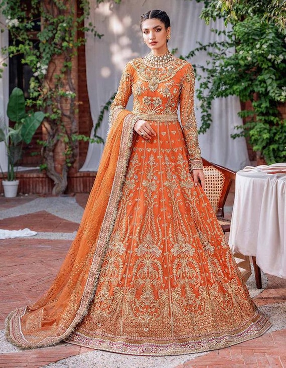open lace back dress Gorgeous Orange Peplum Long Dress Farshi Gaharara Bridal Dress Muslim Special