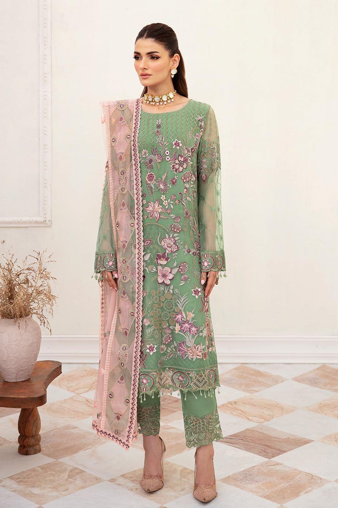 Sea Green Pure Cotton Salwar Kameez Sharara