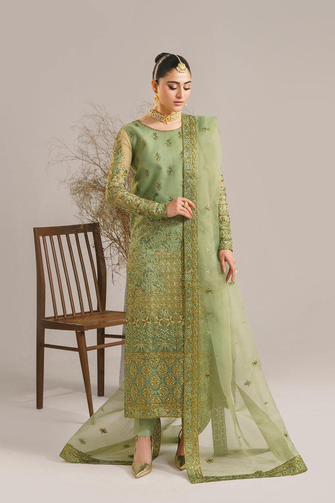 Parrot Green Embroidered Salwar Kameez: Pakistani Wedding Outfit Eid