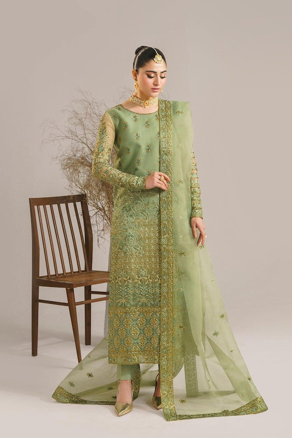 white christmas dresses Parrot Green Embroidered Garara main image 1