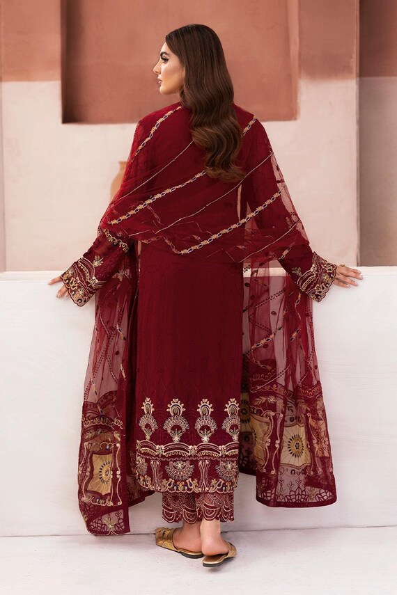 maroon chiffon dress pakistani Embroidered Salwar Kameez: Indian Wedding Party Colors:Beige type-summer-dresses Chiffon maxi BABARONI Chiffon Dusty Blue