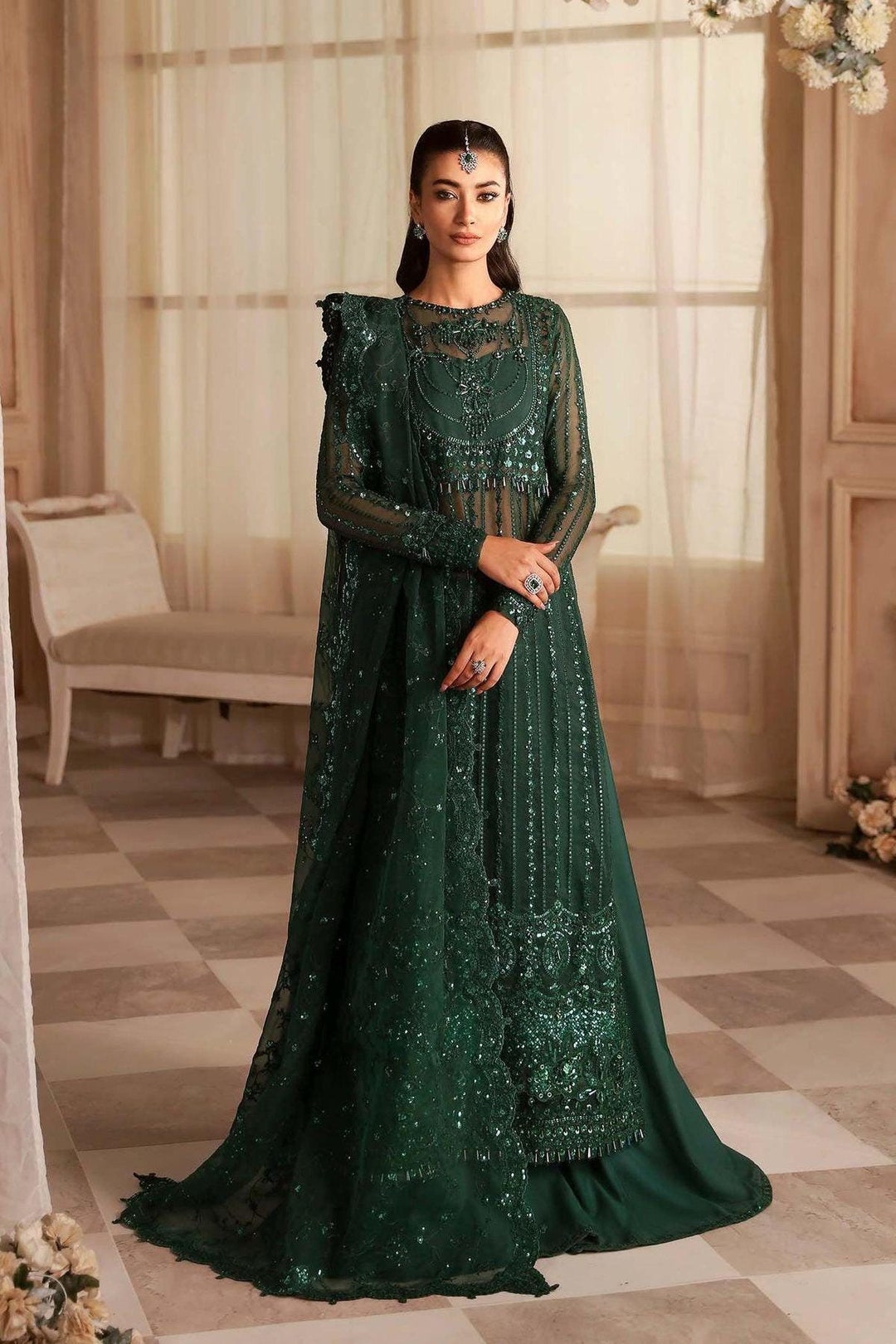 Green Embroidered Organza Salwar Kameez: Pakistani Wedding Outfit Eid