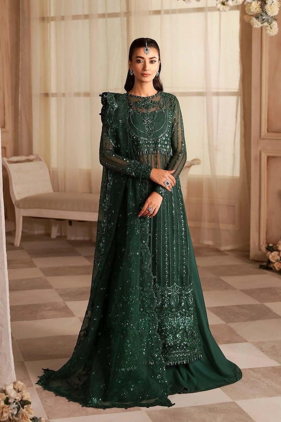 Green Long Salwar Kameez Gown Maxi Dress for Women Pakistani Indian Wedding Party  Wear Clothes Embroidered Outfit Punjabi Suit Made to Order - Etsy