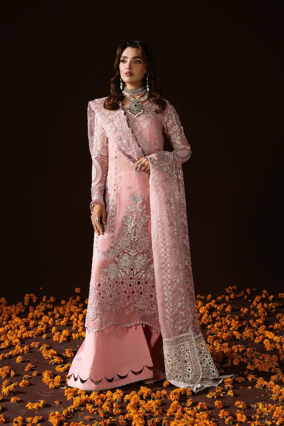 pink chiffon dress pakistani Rose Pink Chiffon Heavy Embroidered Straight Cut Premium Festive Wear