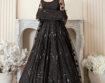 Black Embroidered Net Maxi Dress: Pakistani Bridal Outfit Eid Black Embroidered Net Maxi Dress: Pakistani Bridal Outfit Eid