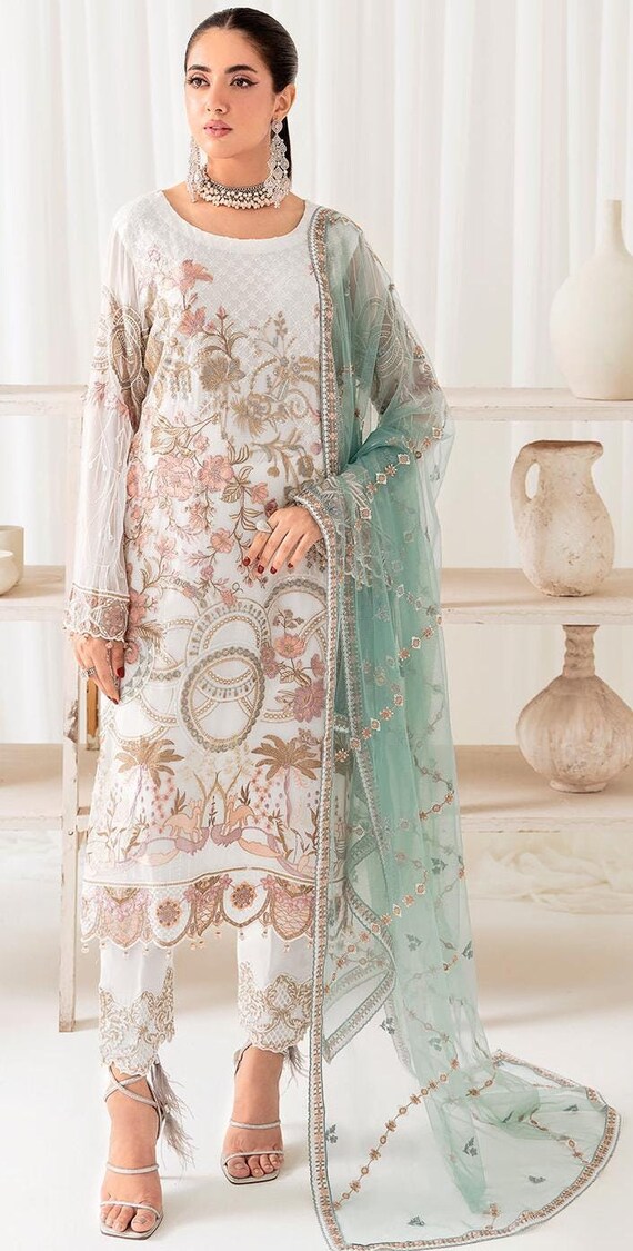 Originele Indiase Pakistaanse trouwjurken witte Salwar Kameez jurk voor vrouwen geborduurde kleding Punjabi pak chiffon VS VK CA Etsy Belgie