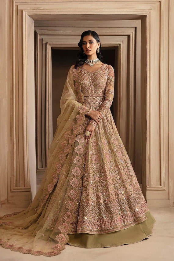 Embroidered Organza Maxi Frock: Pakistani Bridal Wedding Dress Eid