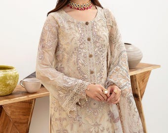 Abito Da Festa Pakistano Salwar Kameez – Verde Acqua, Ricamo Pesante, Taglia M