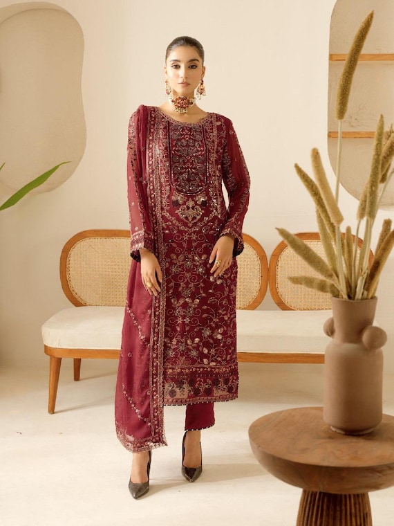 maroon chiffon dress pakistani Maroon Embroidered Chiffon Salwar Kameez: Indian Pakistani Outfit