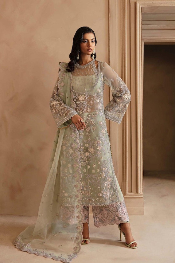light green dress pakistani Embroidered Salwar Kameez: Wedding Outfit hi-low prom dresses