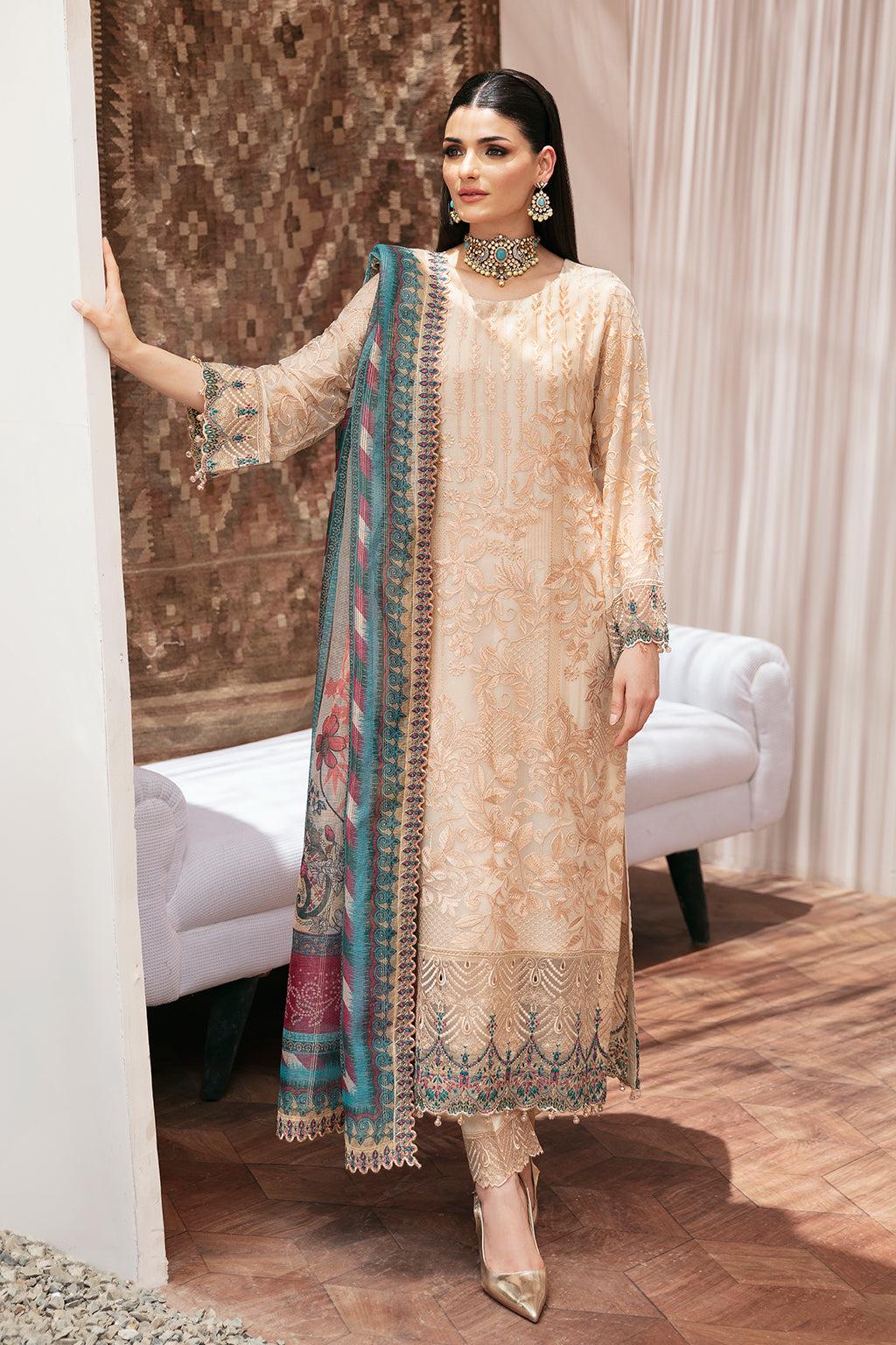 Beige Chiffon Salwar Kameez: Embroidered Pakistani Wedding Outfit