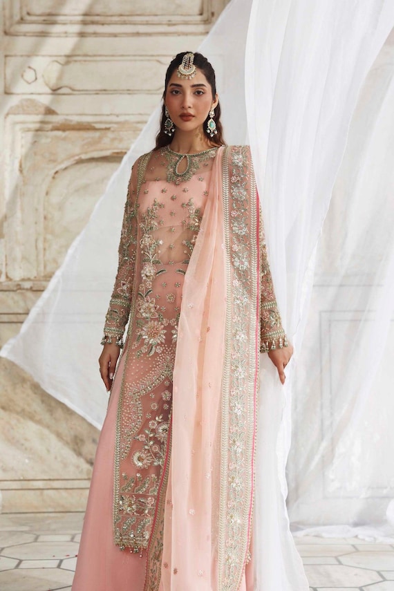 Pink Bridal Sharara Dress Pakistani Indian Wedding Party Wear Dresses Embroidered Organza Punjabi Suit Eid