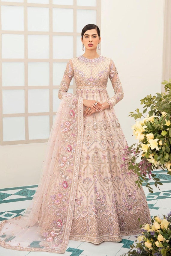 rose gold indian dress Pink Beige Embroidered Maxi Pakistani Wedding Dresses Party Wear Bridal Outfit Punjabi Suit dark rose gold lehenga