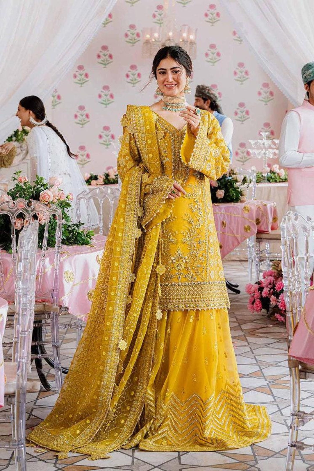 Yellow Sharara Mehndi Henna Bridal Dress Pakistani Indian Wedding Party Wear Clothes Embroidered Outfit Punjabi Asian Suit Made to Order Etsy
