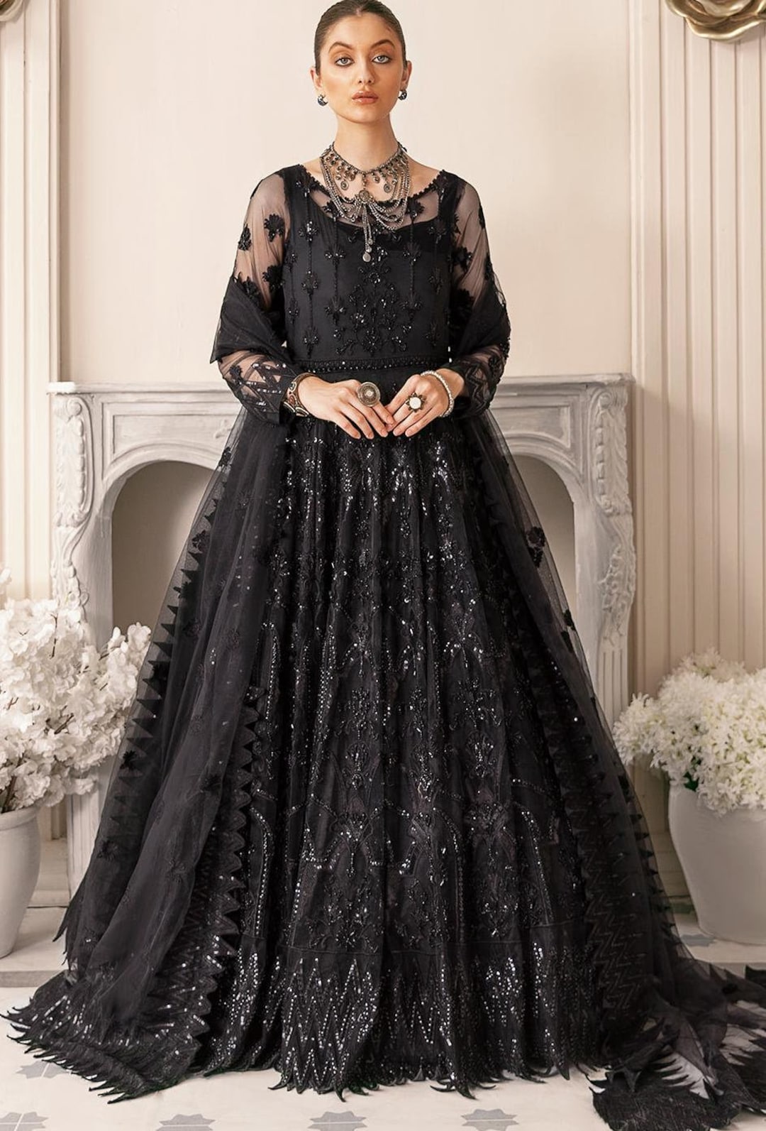 Buy Black Embroidered Net Maxi Dress: Pakistani Bridal Outfit Online in  India