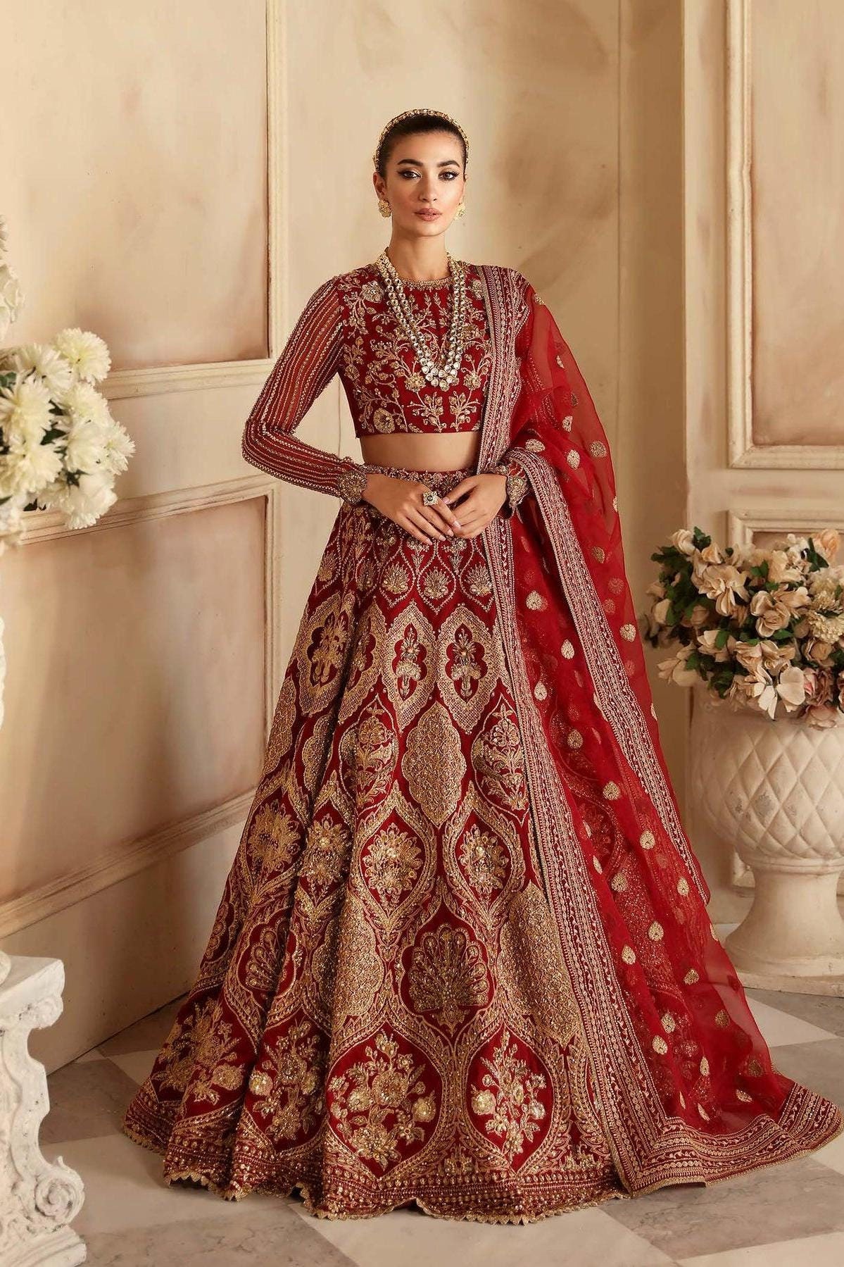 green emerald velvet dress Bridal Maroon & Gold Wedding Lehenga Set [product_title] | OORVI DESAI