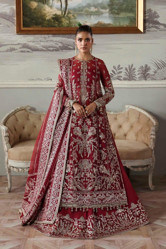 maroon organza dress Maroon Embroidered Organza Lehenga Choli: Pakistani Bridal Dress Eid