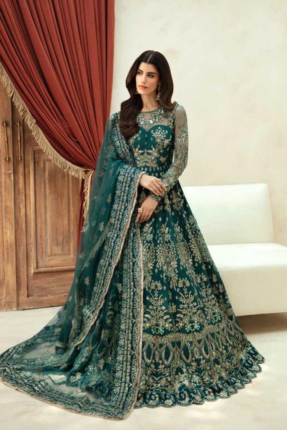 Green Embroidered Net Maxi Frock: Pakistani Bridal Dress