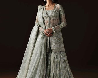 Ensemble Sharara brodé, tenue de mariage pakistanaise et indienne pour Walima, élégante tenue de soirée, vêtements de créateurs pour la mariée