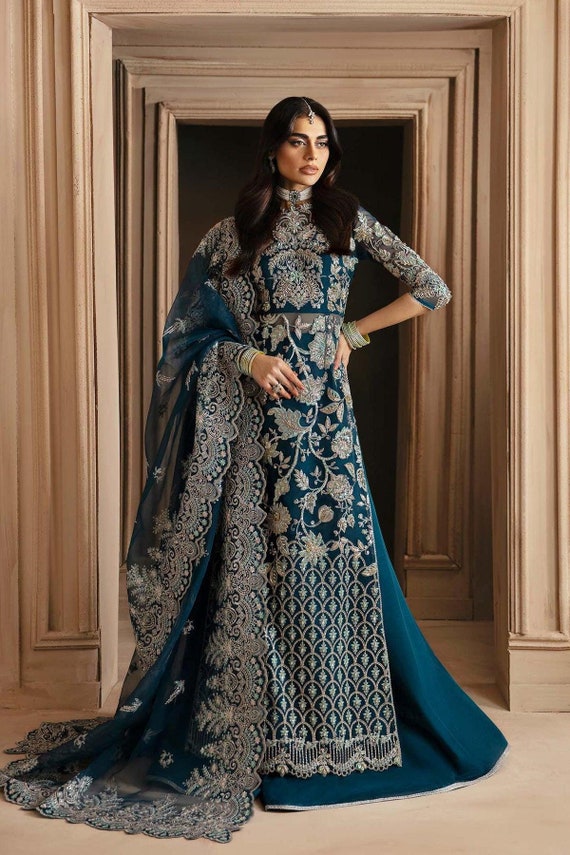 navy blue maxi dress pakistani Navy Blue Embroidered Maxi Dress: Pakistani Indian Wedding Outfit Eid