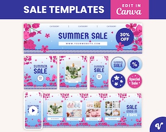 Plantillas de rebajas de verano | Kit de marketing editable para Etsy e Instagram | Paquete de redes sociales para ofertas de verano: empieza a editar en Canva ahora