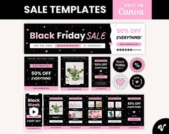 Plantillas para la venta del Black Friday | Kit de marketing | Plantillas promocionales | Gráficos para rebajas | Plantillas para redes sociales | Plantillas editables de Canva - Visuali