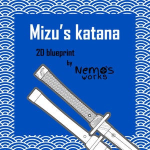 Puede incluir: Un dibujo en blanco y negro de una katana sobre un fondo azul con el texto "Mizu's katana 2D blueprint by Nemo's works".
