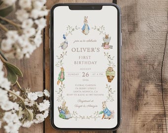 Peter Rabbit Birthday Invitation, Boy Evite Template, Greenery, Storybook Electronic Invite, Beatrix Potter R05