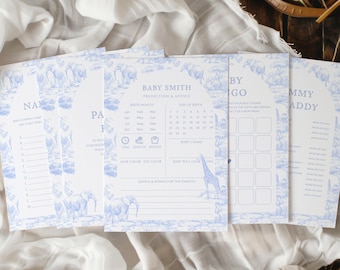 Könnte beinhalten: Eine Sammlung von Babyparty-Karten mit blau-weißem Design und Tierillustrationen. Die Karten enthalten Abschnitte für Vorhersagen und Ratschläge, mit Text wie "Baby Smith" und "Vorhersage & Ratschläge".