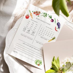 Tarjeta editable de predicción para baby shower con productos locales, tarjetas de deseos de cosecha propia de A Little Sprout, tarjeta de predicción para baby shower con productos del mercado agrícola F01