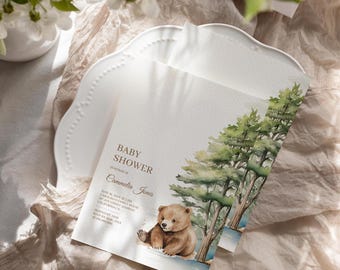 Editable Teddy Bear Baby Shower Invitation, Woodland Baby Shower Invitation, Woodland Animals Baby Shower Invitation, Forest Mountain Invite