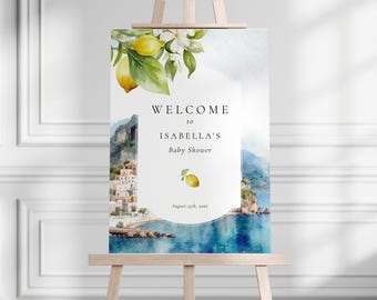 Italian Lemon Welcome Sign, Mediterranean Blue Watercolor Party Decor, Amalfi Coast Baby Shower, Bridal Shower, Citrus, Positano AM1